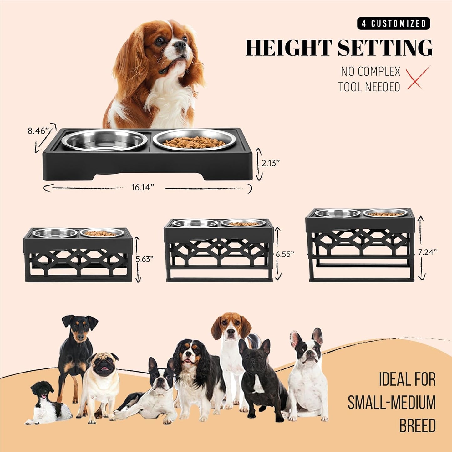 AVERYDAY Elevated Dog Bowls, 4 Height Adjustable Stand for Medium and Large Dogs, Raised Dog Feeder Holder with 2 Stainless Steel Food and Water Bowls, Anti-Slip Base Tall Feeding Station