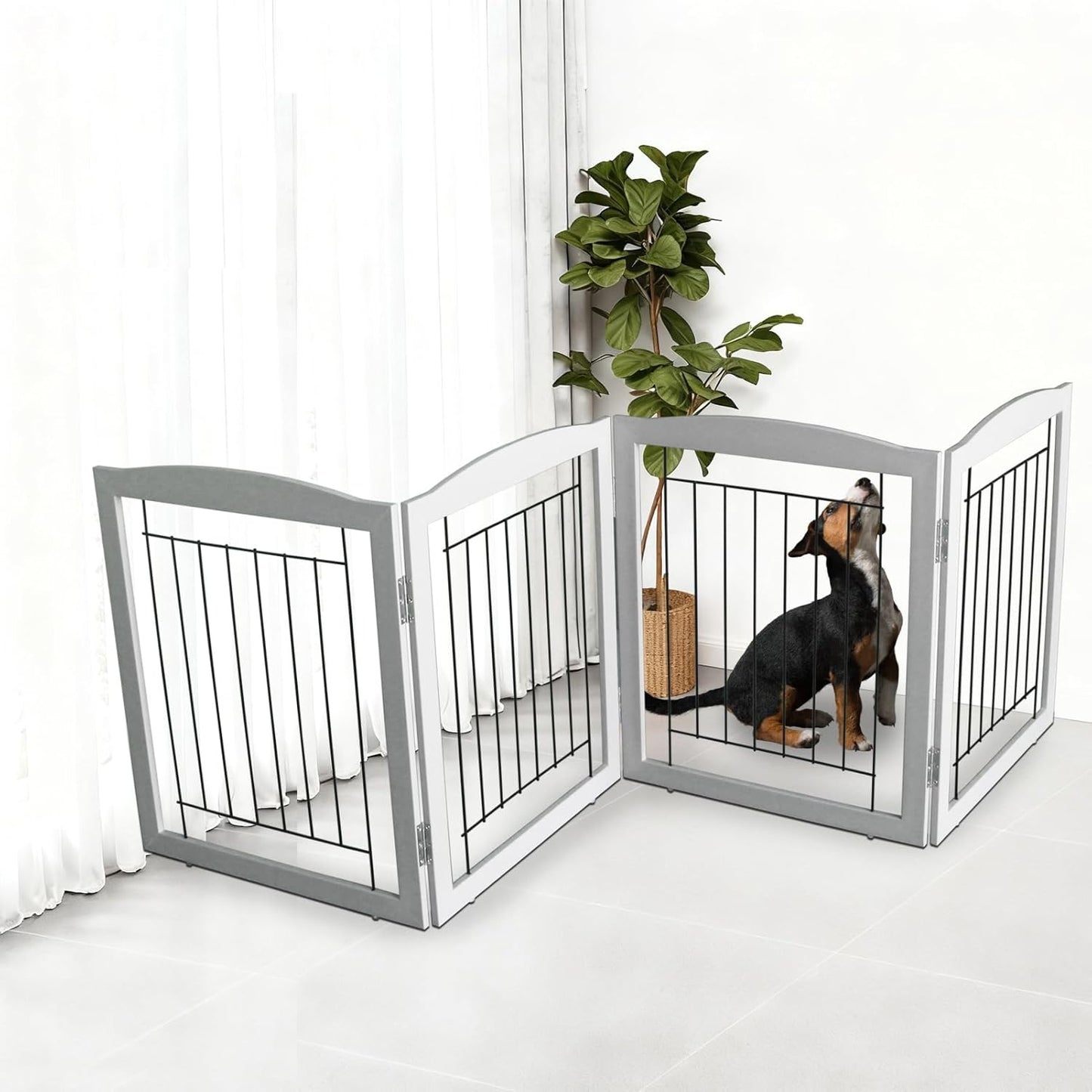 ZJSF Freestanding Foldable Dog Gate for House Extra Wide Wooden White Indoor Puppy Gate Stairs Doorways Pet Gate Tall Dog Fence 3 Panels Fence