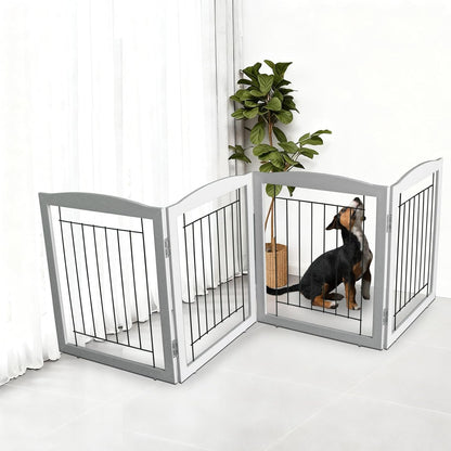 ZJSF Freestanding Foldable Dog Gate for House Extra Wide Wooden White Indoor Puppy Gate Stairs Doorways Pet Gate Tall Dog Fence 3 Panels Fence