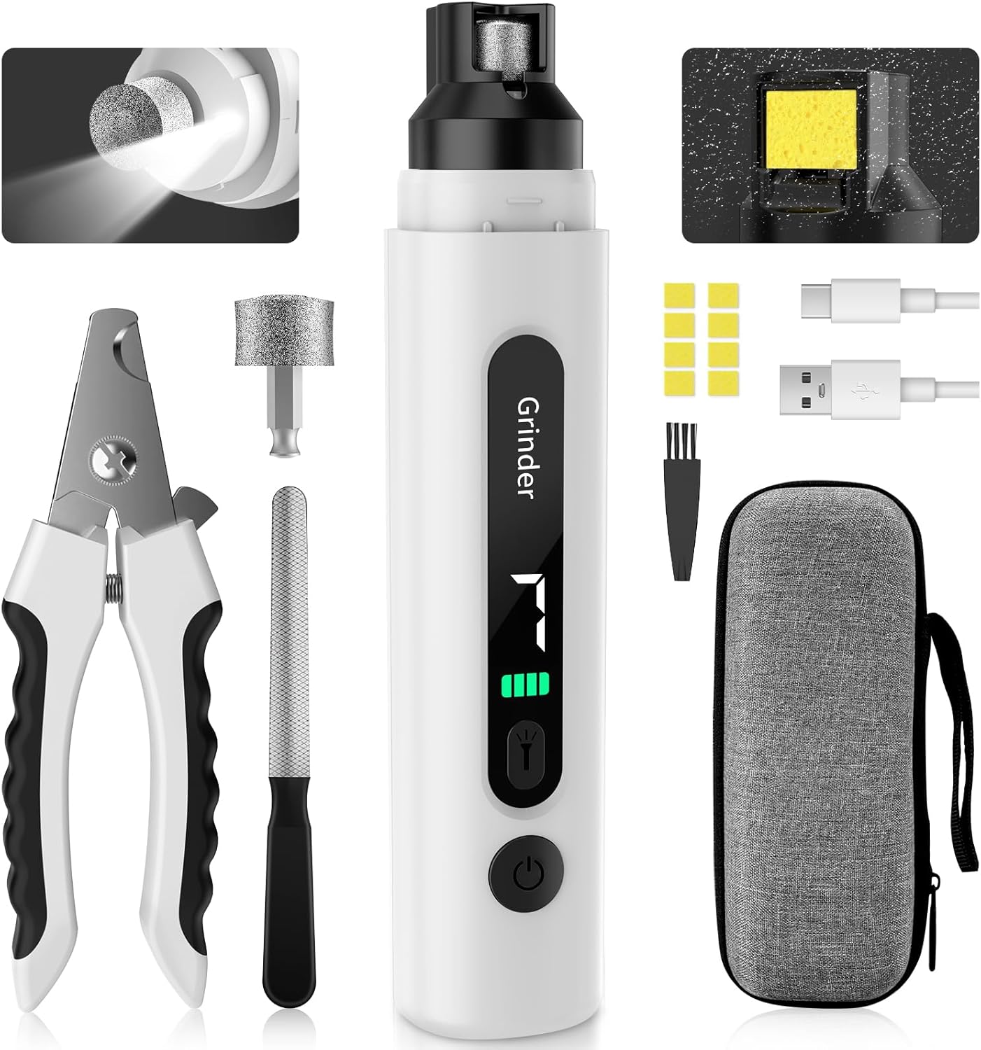 Dog Nail Grinder, 7-Speed Pet Nail Trimmer with LED Light & Sponge Dust Collector, Quiet and Low-Vibration, Painless Paws Grooming for Large Medium Small Dogs, Include Storage Bag