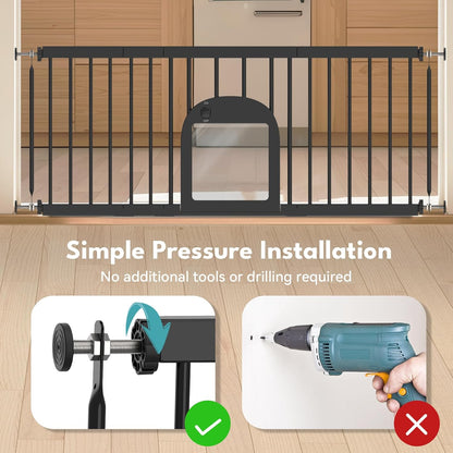 No Pawblems Dog Gate with Small Pet Door, 16"-42.7" Adjustable Metal Short Dog Gate to Step Over, 16.5" Tall Small Pet Gate with 3 Extension Kits, Pressure Mounted Gate for Doorways & Stairs, White