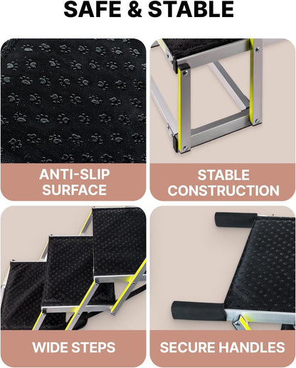 Owleys Dog Stairs for Large Dogs and Small - Glow in The Dark Marking - Car Ramps for Large Dogs up to 180 lbs - Non-Slip Surface - Foldable Dog Ramp for All Cars 4 Steps