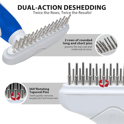 Dog Cat Grooming Tool Rake, Pet Dematting Tool with Stainless Steel Shedding Comb, Double Row Pet Rake Gently Remove Loose or Tangled Hair from Undercoat Black