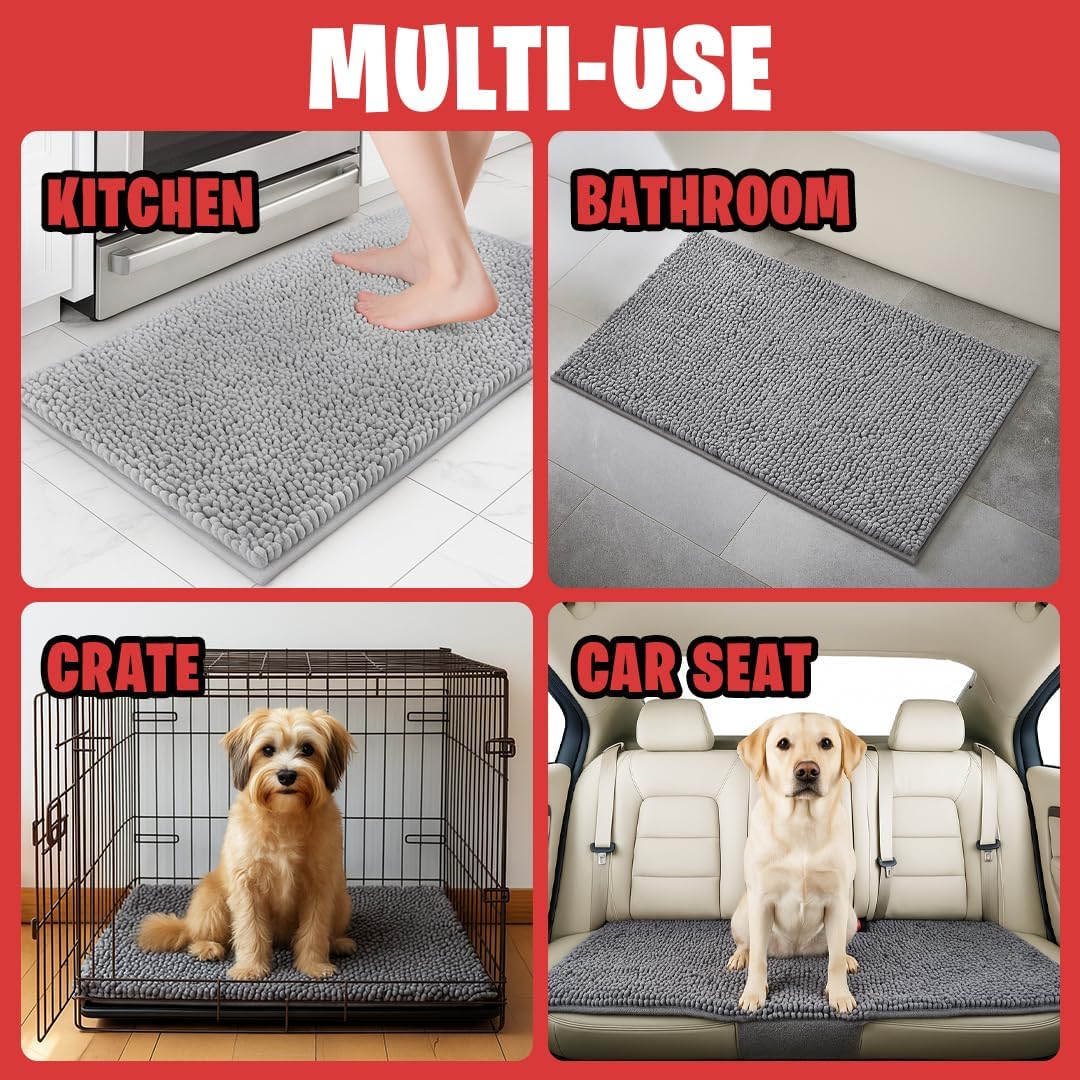 MudGuard Mat™ Dog Door Mat for Muddy Paws, Super Absorbent Microfiber, Non-Slip Indoor Mat, Quick Dry Chenille Mud Mat for Dogs & Entryway, Washable, Grey 19" x 30"