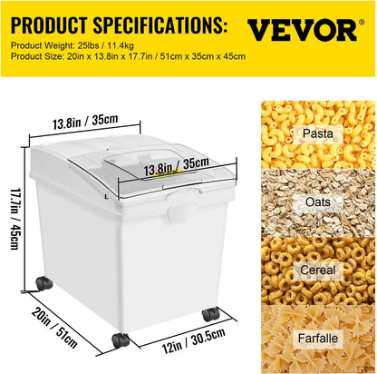 VEVOR Rice Storage Container, 4.5Gallon/20L Capacity Large Dog Food Dispenser Bin, Kitchen Ingredient Grain Cereal Flour Bin, Pet food Containers with Wheels, Measuring Cup, Airtight Lid, 1 Pack