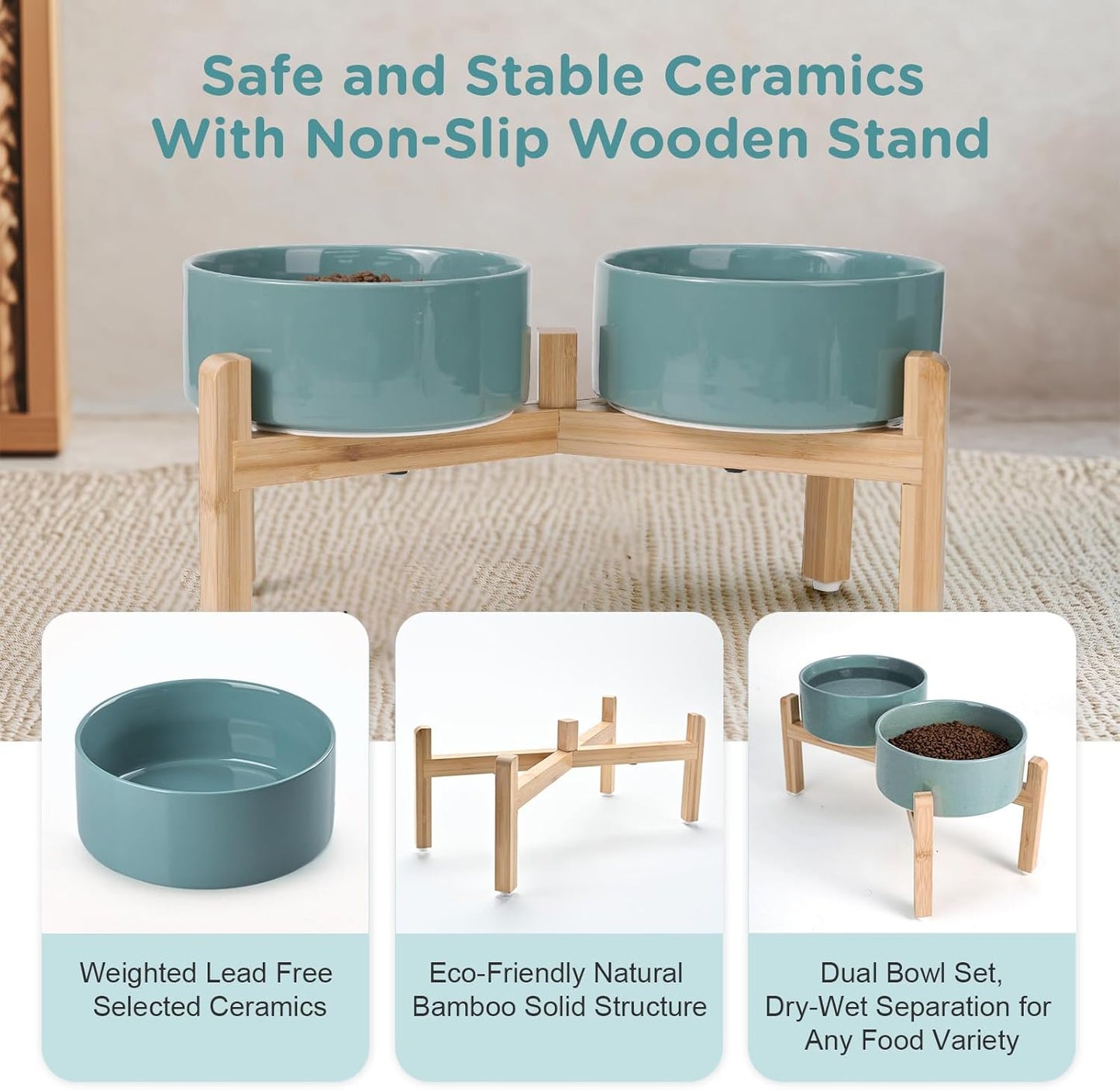 SPUNKYJUNKY Elevated Dog Bowls Ceramic, 6.1'' Dogs and Cat Food Water Bowls Raised with Non-Slip Bamboo Stand for Medium Sized Breed Microwave Dishwasher Safe - 28.7 OZ,Beige