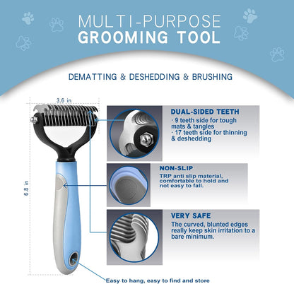 GOESWELL Double-Sided Undercoat Rake for Pet Grooming - Shedding and Dematting Comb with Grooming Glove (Blue 2 Pack)