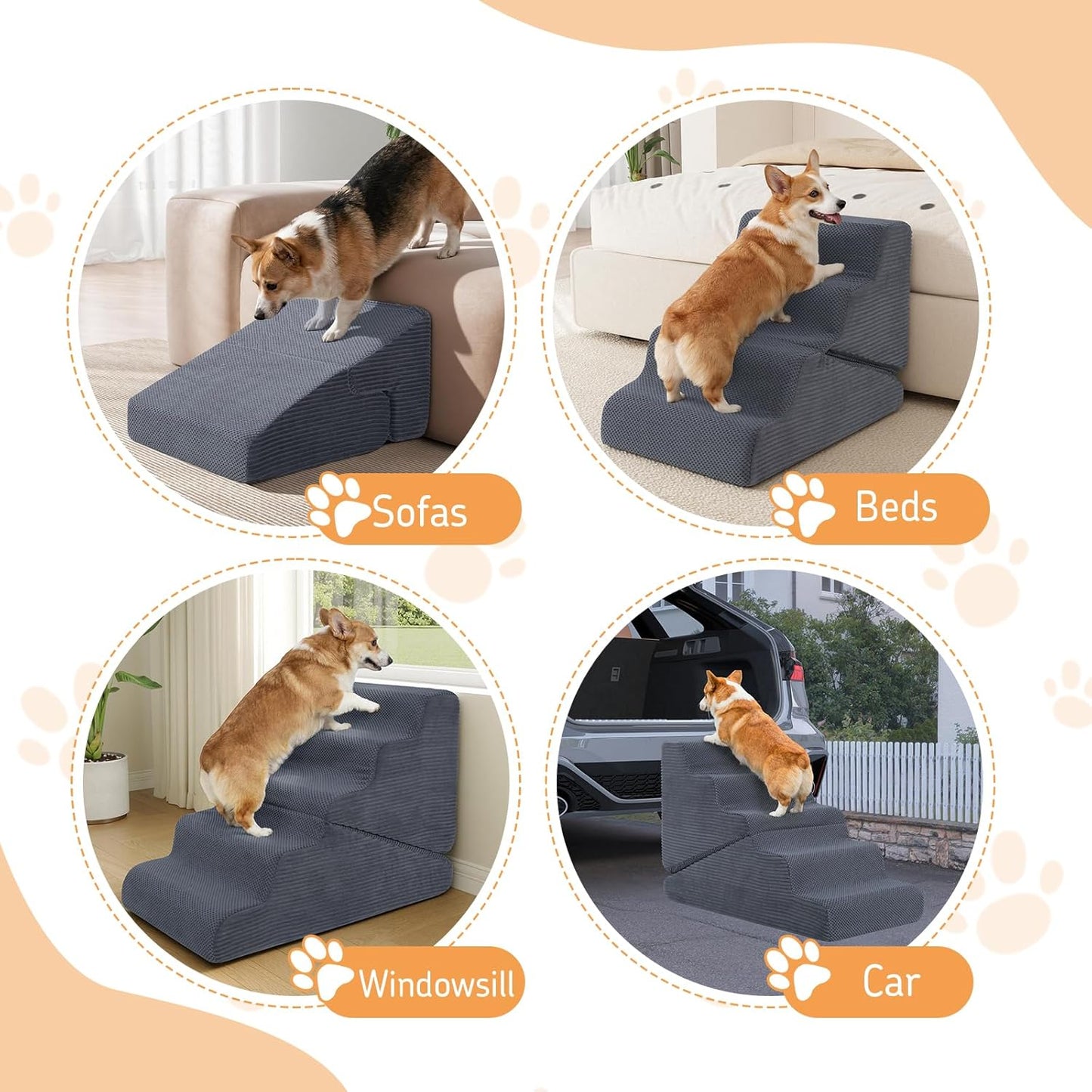 Dog Ramp for Bed, 23" H Dog Stairs for High Bed, 2 in 1 Pet Steps for Small Dogs, 5-Step Foldable Transformable Large Cats Ramp to Get on Couch, Non-Slip Balanced, Grey
