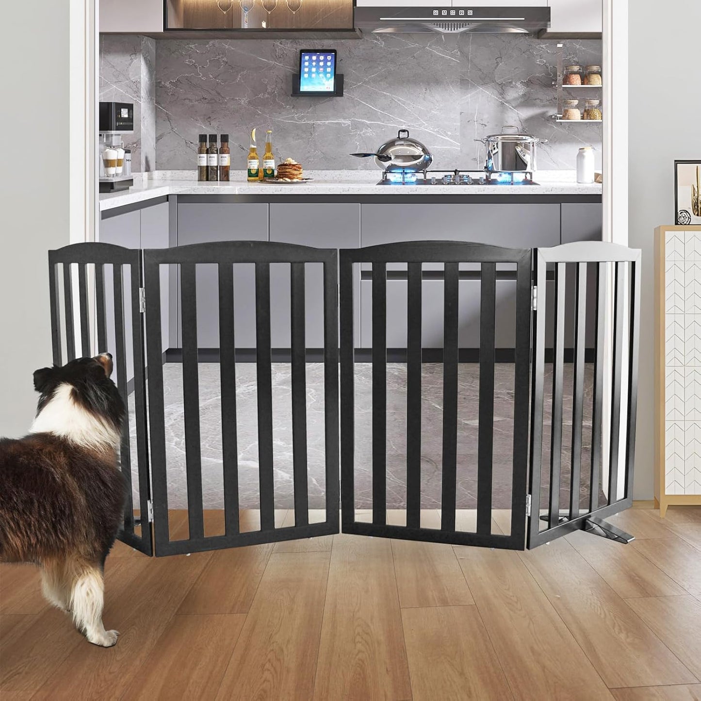 ZJSF Foldable Freestanding Indoor Dog Gate for House Wood White Long Pet Gates Dog Fence for Stairs Puppy Gates for Hallways,Pet Fence, Puppy Gate,Support Feet Included 24 "Height-3 Panels