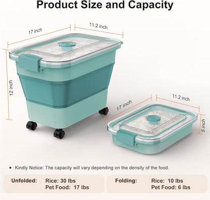 Komzon Rice Storage Container, Collapsible Airtight 10-40 Lb Rice Storage Container, 25lb Pet Dog Food Storage Container, Rice Dispenser Bin with Cup and Scoop for Flour Cereal Pasta Grain, Cat Bird