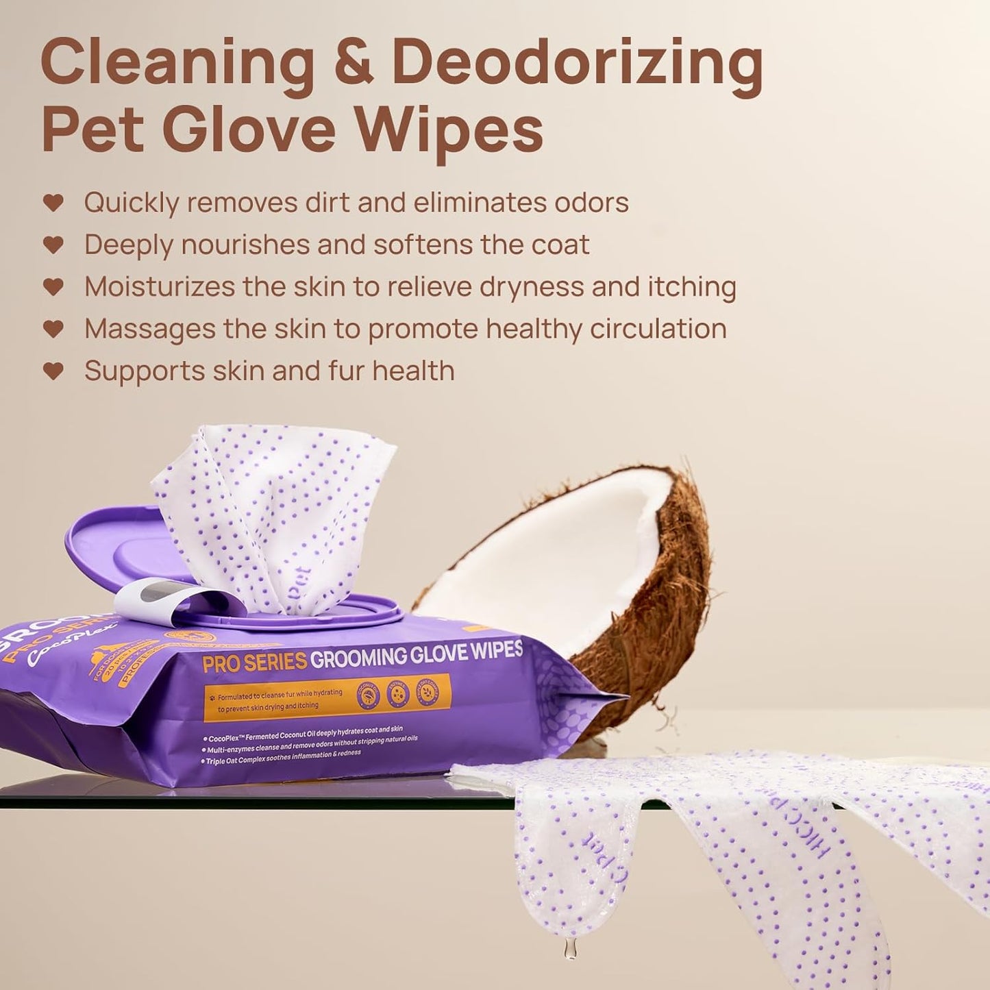 HICC PET Glove Wipes Pro – Pet Cleaning Gloves for Dogs & Cats – Infused with Coconut Oil & Plant Extracts – Hypoallergenic, Gentle, Spa-Like Care at Home, Portable 6 Pack-Coconut Scent