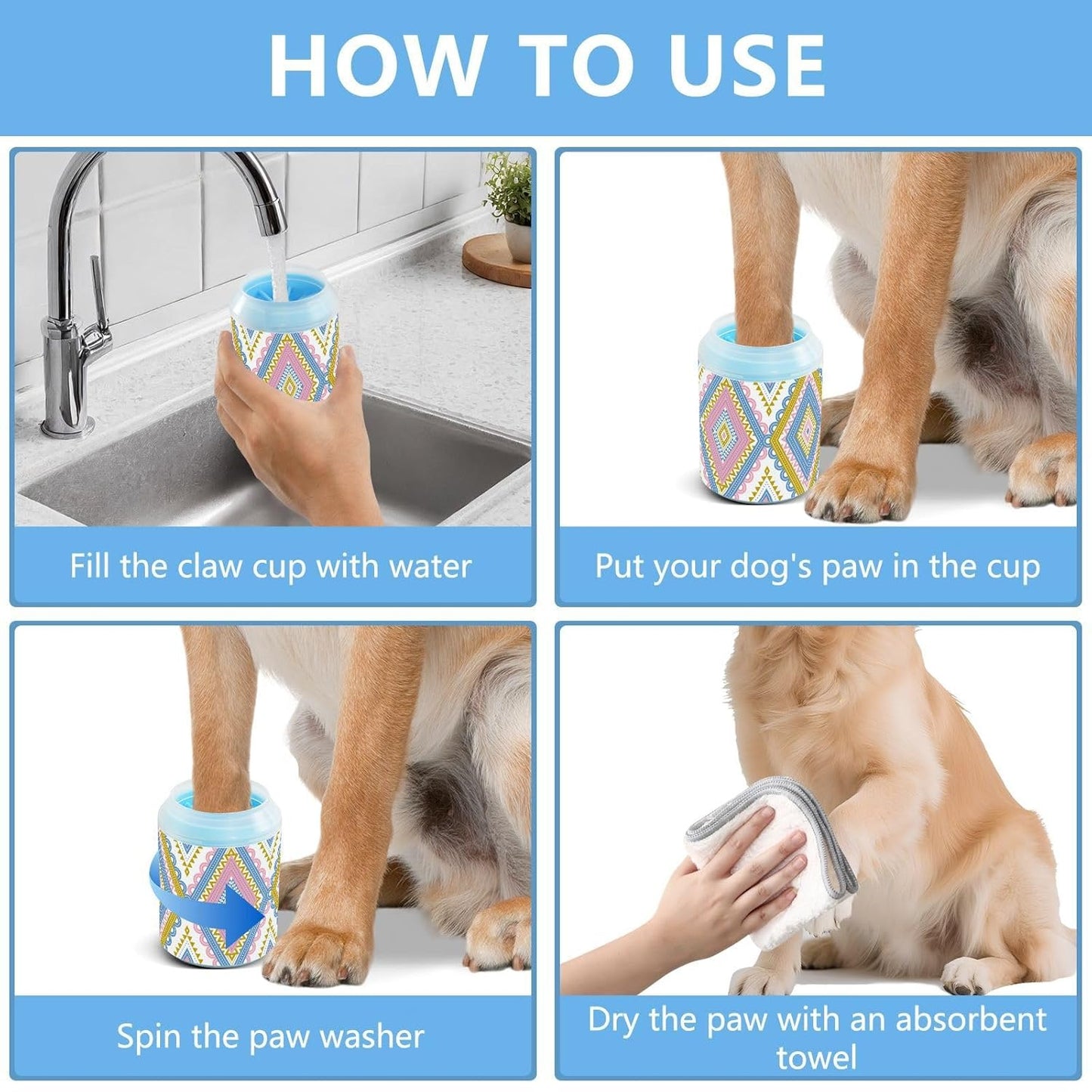 Dog Paw Cleaner Cups for Dogs Pet Foot Washer Paw Scrubber for Medium Small Dogs Cats Cleaning Cup Cute Yellow Fiesta Guitars Cacti and Ethnic Birds