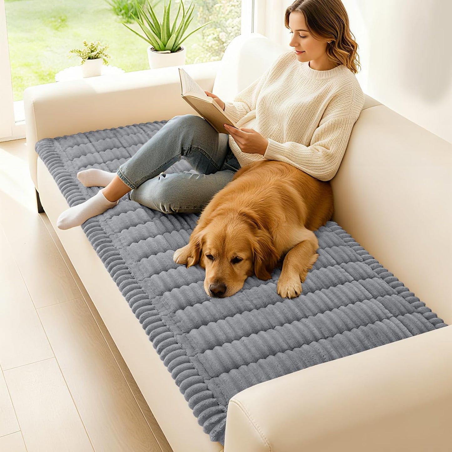 hyha Couch Covers for Dogs Washable, Non Slip Plush Dog Sofa Protectors, Fuzzy Pet Couch Covers for 3 Cushion Sofa Pet Friendly (Camel, 27.6" x 59") - Colors A