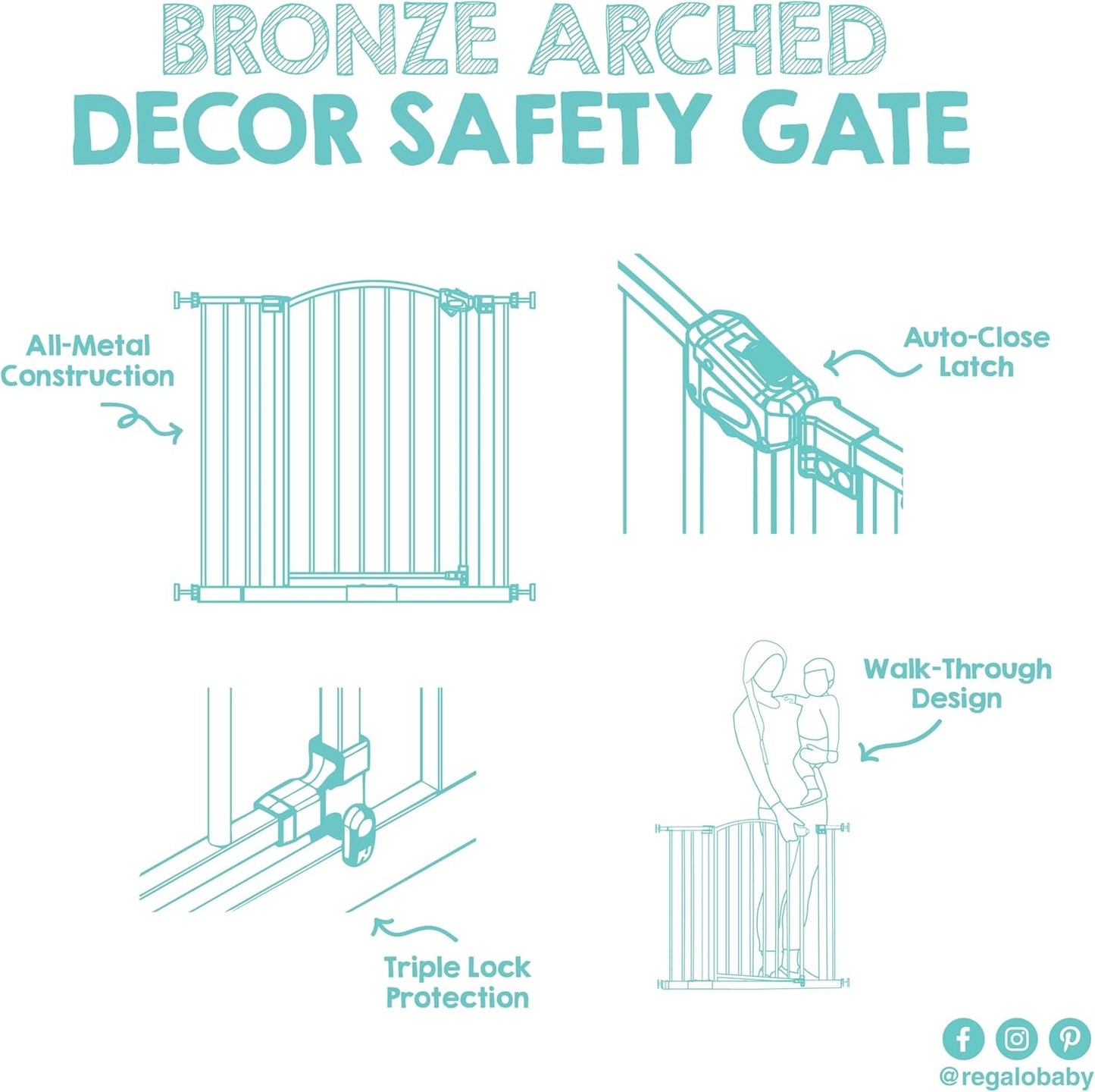 Regalo Safety 30.5-58" Extra Wide Arch Baby Gate with Door, Pressure Mount Walk Through Gate for Doorways & Bottom of Stairs, Babies, Toddlers & Pets, Tested & Safe, American Designed, American Owned