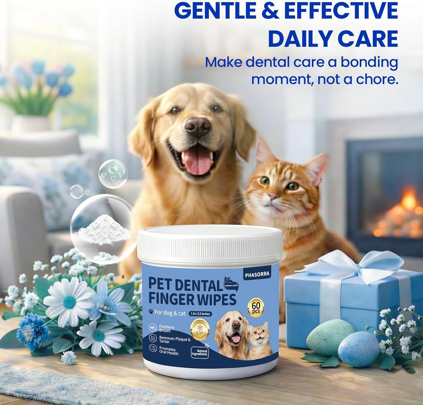 Dog & Cat Tooth Brushing kit - 60Ct Dog Toothbrush & Toothpaste Alternatives, Dental Care Wipes, Heavy Duty Teeth Cleaning, Remove Tartar & Plaque, Breath Freshener