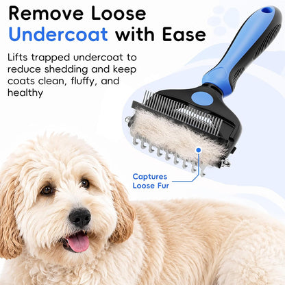 3-in-1 Professional Pet Grooming Brush for Dogs & Cats – Dematting Comb, Undercoat Rake & Deshedding Tool for Long & Short Hair, Heavy Shedding & Matted Fur (Blue)