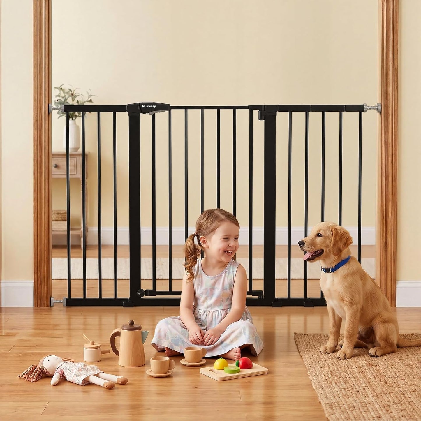 Mumeasy Baby Gate Extra Wide, 29.7-51'' Pressure Mounted Dog Gate with Walk Thru Door, Auto Close Pet Gate for House, Stairs, Doorways,Black