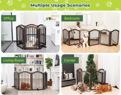 PrimeZone 144" Extra Wide Dog Gate - 36" Tall 6-Panel Solid Acacia Wooden Freestanding Puppy Gates with Door, Foldable Indoor Pet Fence for Doorways, Stairs, Support Feet Included, Brown