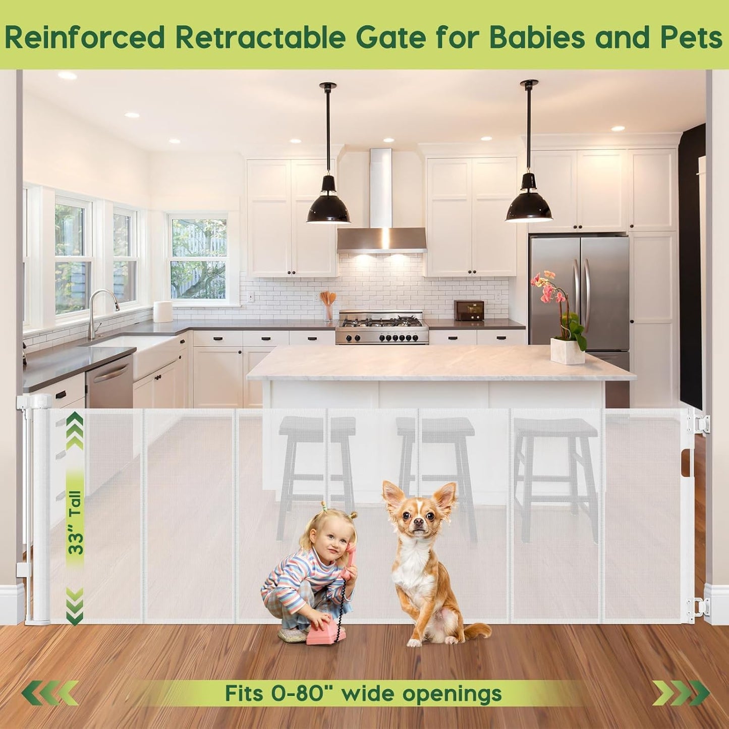 Reinforced 80 Inch Retractable Baby Gate Extra Wide Baby Gate for Wide Openings, Indoor/Outdoor Retractable Dog Gate for Doorway, Mesh Dog Gate Indoor Prevent Babies/Pets from Crawling Under, Black
