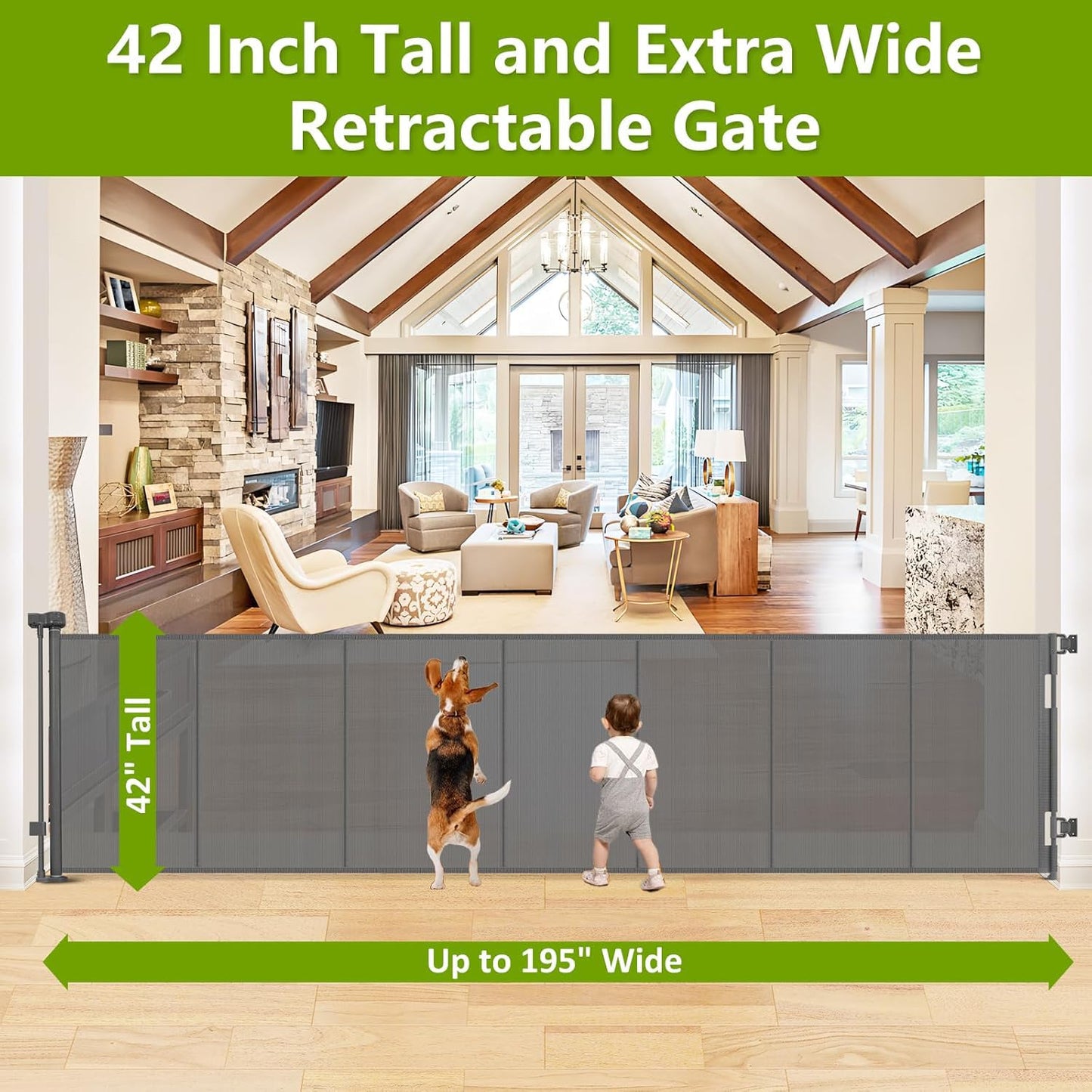 Reinforced 42" Tall Retractable Dog Gate, 155" Extra Long Retractable Baby Gate with Support Rods - Prevent Crawling Under, Indoor/Outdoor Retractable Gate Extra Tall Baby Gate Retractable Fence/Black