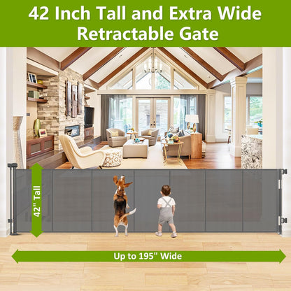 Reinforced 42" Tall Retractable Dog Gate, 155" Extra Long Retractable Baby Gate with Support Rods - Prevent Crawling Under, Indoor/Outdoor Retractable Gate Extra Tall Baby Gate Retractable Fence/Black