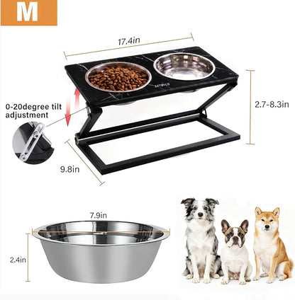 Elevated Dog Bowls, Adjustable Raised Dog Bowl Stand with 2 Stainless Steel Food Bowls 20°Tilted Water Bowls for Medium Small Sized Dogs (Black, Medium)