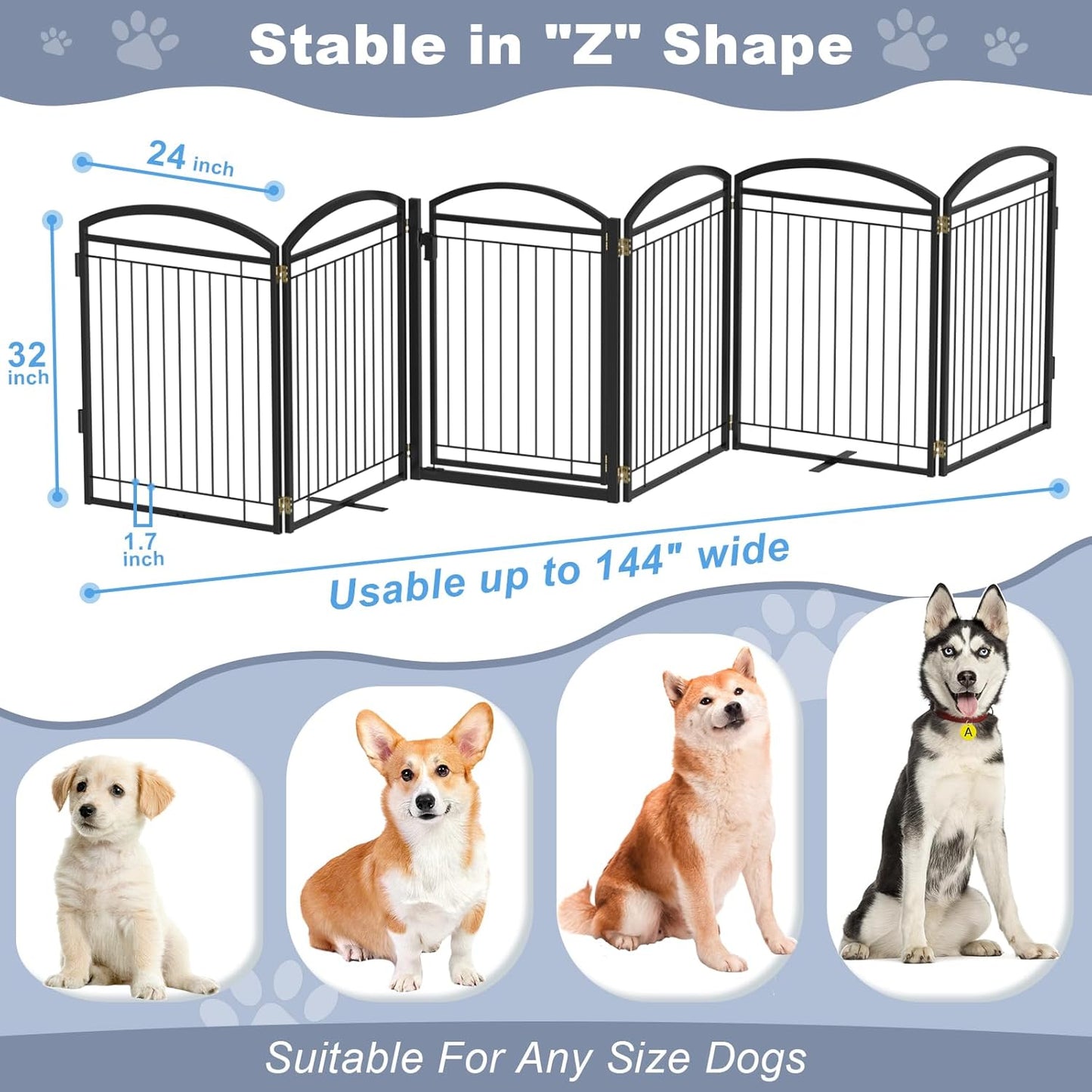 Full Metal Free Standing Dog Gate with Door for Indoor & Outdoor,96'' Extra Wide 32'' Tall Dog Gate for The Doorways,Large Openings,Decks,Porch,Pet Freestanding Safety Fence(4 Panels,Black)