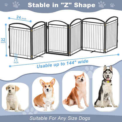 Full Metal Free Standing Dog Gate with Door for Indoor & Outdoor,96'' Extra Wide 32'' Tall Dog Gate for The Doorways,Large Openings,Decks,Porch,Pet Freestanding Safety Fence(4 Panels,Black)