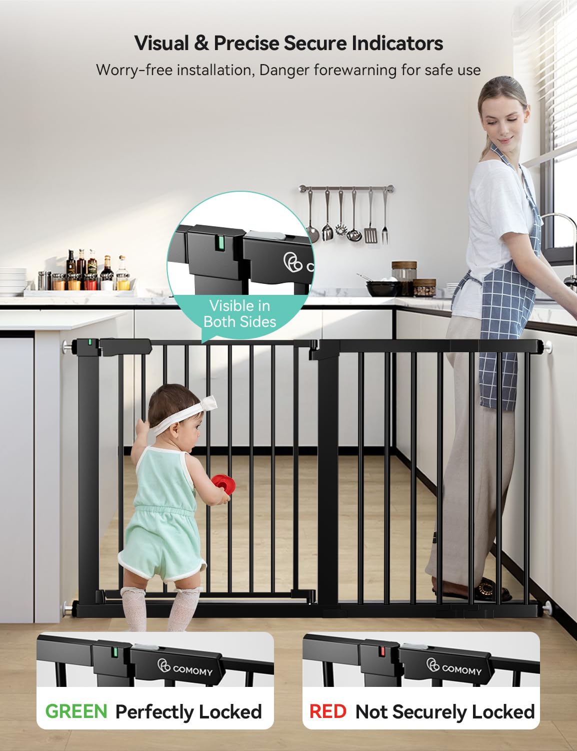 COMOMY 36" Extra Tall Baby Gate for Stairs and Doorways - Fits 29.5" to 48.8" Wide Openings, Auto Close Extra Wide Dog Gate for House, Pressure Mounted Easy Walk Through Pet With Door, Black