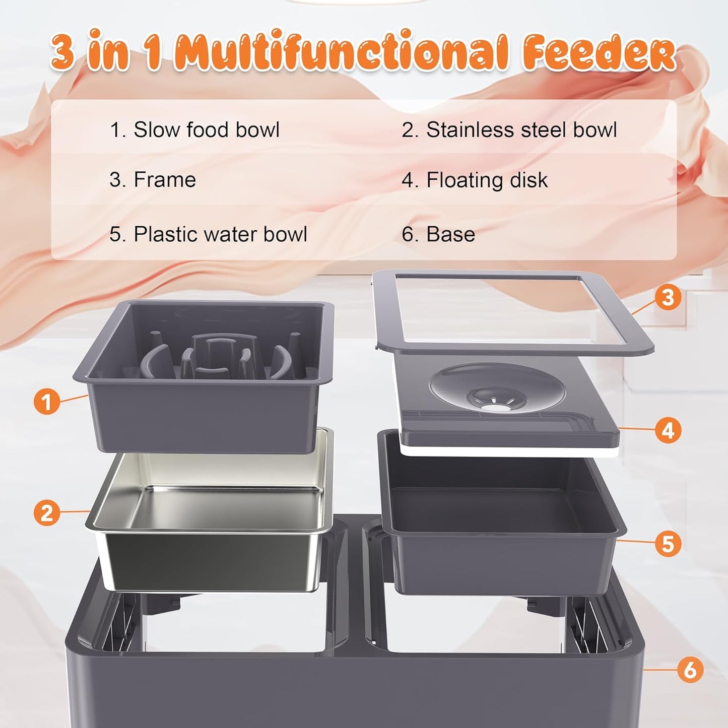 Decflow 3-in-1 Elevated Dog Bowls, 4 Height Adjustable Raised with Stainless Steel, Slow Feeder, No Spill Water Bowl, DIY Stickers Foldable Pet Bowl for Medium Large Dogs
