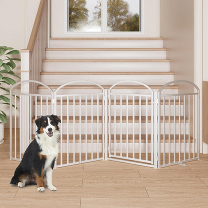 SNUOWU 4 Panels Full Matel Freestanding Dog Gates with Door, 96"Extra Wide 32"Tall Free Standing Dog Pet Gate for Indoor & Outdoor. Foldable Pet Fences for Doorways, House, Stairs, Porch, Deck, Yard