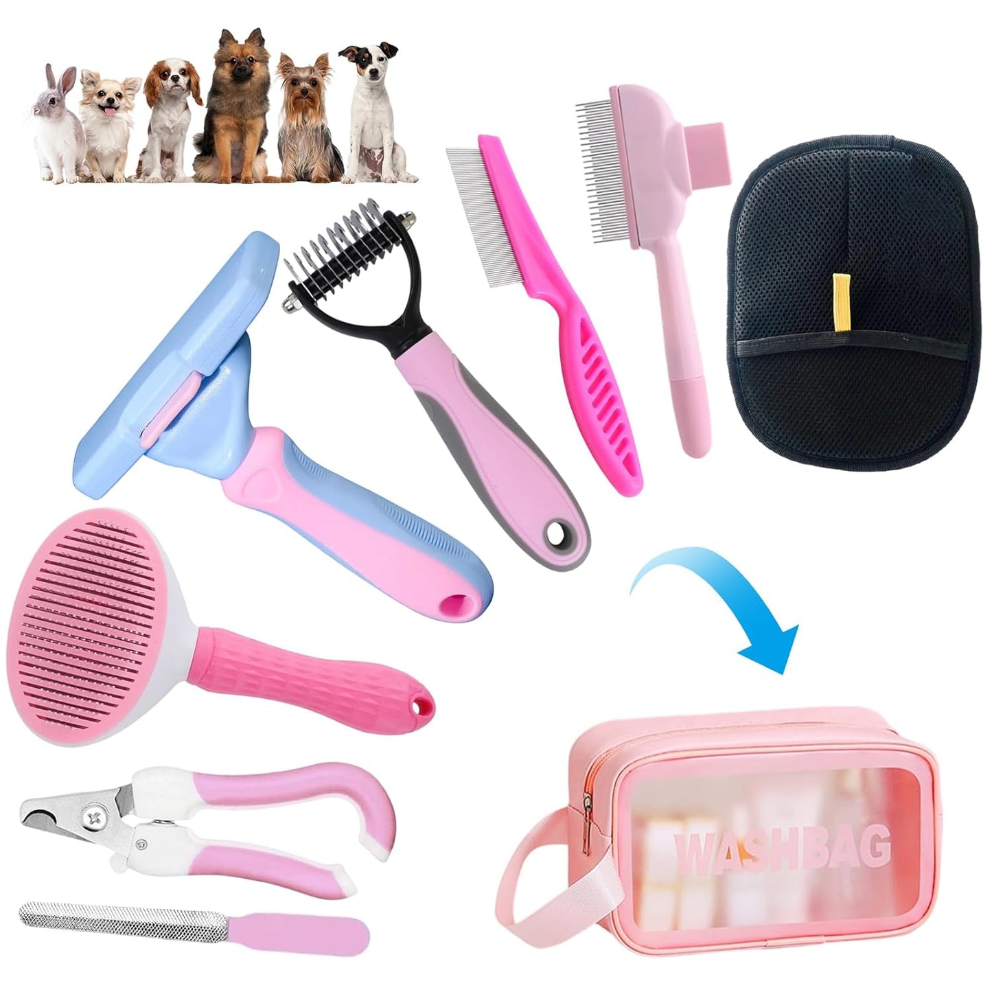 Aglads 8PCS Cat Rabbit Bunny Dog Grooming Kit,Self-Cleaning Brush,Nail Clipper,Grooming Glove,Massage Brush,Flea Comb,Towel&Travel Bag,Complete Grooming Tools for Long&Short Haired Pets(8, blue)