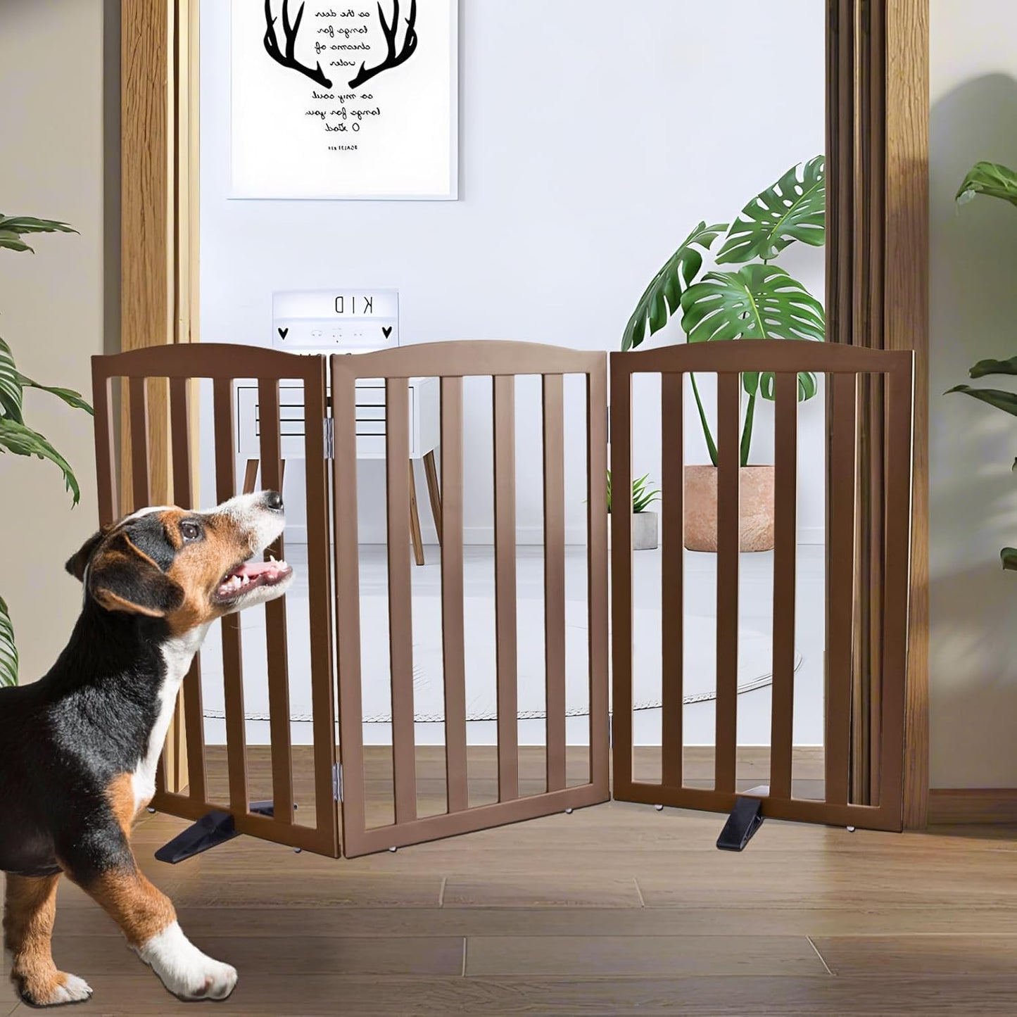 ZJSF Foldable Freestanding Indoor Dog Gate for House Wood White Long Pet Gates Dog Fence for Stairs Puppy Gates for Hallways,Pet Fence, Puppy Gate,Support Feet Included 24 "Height-3 Panels