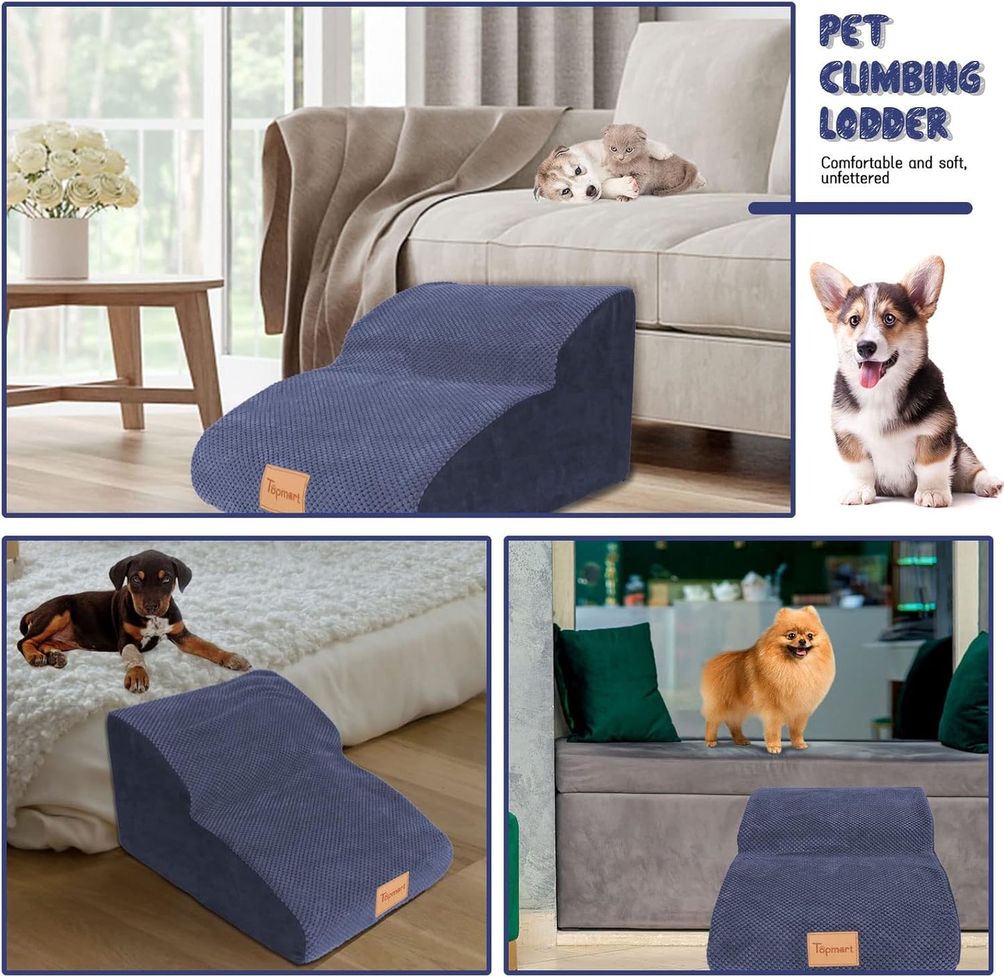 Topmart High Density Extended Foam Dog Ramp&Steps 2 Tiers,11.8" High,Non-Slip Dog Stairs,Soft Foam Pet Ladder with Removable Cover,Best for Injured,Older Cats,Pets with Joint Pain