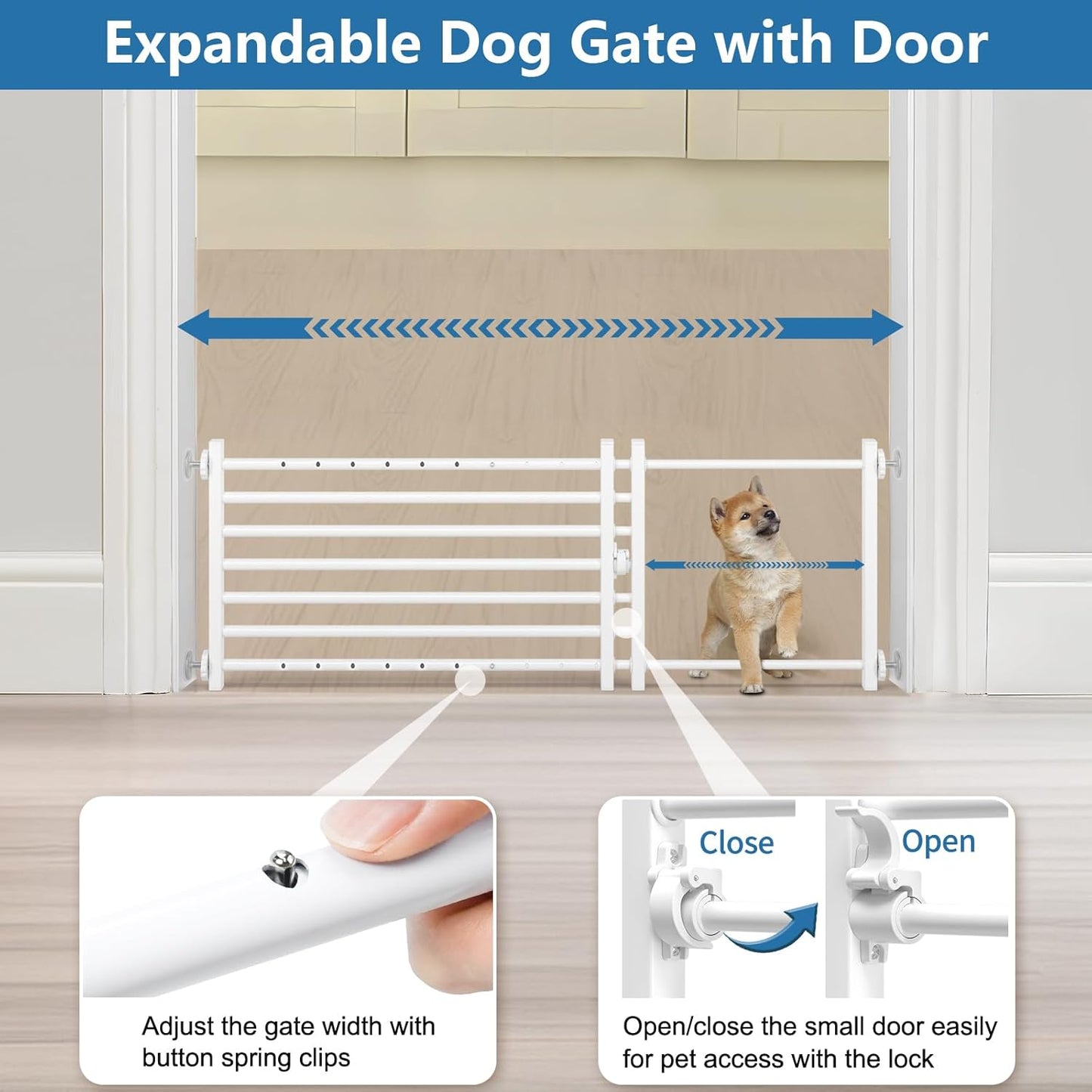 Malier Indoor Dog Gate with Door, 26-41" Extra Wide Full Metal Pet Gate Short Dog Gate for Stairs, Pressure Mount 10'' Tall Small Puppy Low Gate Easy Step Over for Doorways