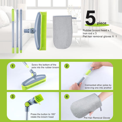 180°Rotating Head Rubber Broom with Squeegee for Pet Hair Removal - 51" Iron Handle Fur Remover Rake Brush for Carpet, Hardwood & Tile Floors, Includes Pet Hair Removal Gloves (Green)