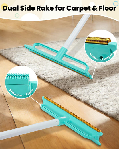 Carpet Rake for Pet Hair Removal - 5-in-1 Dual-Sided Rubber & Metal Carpet Scraper Tool with 60" Adjustable Handle, Used for Cleaning Dog and Cat Fur on Furniture, Short Pile Carpets, Rugs
