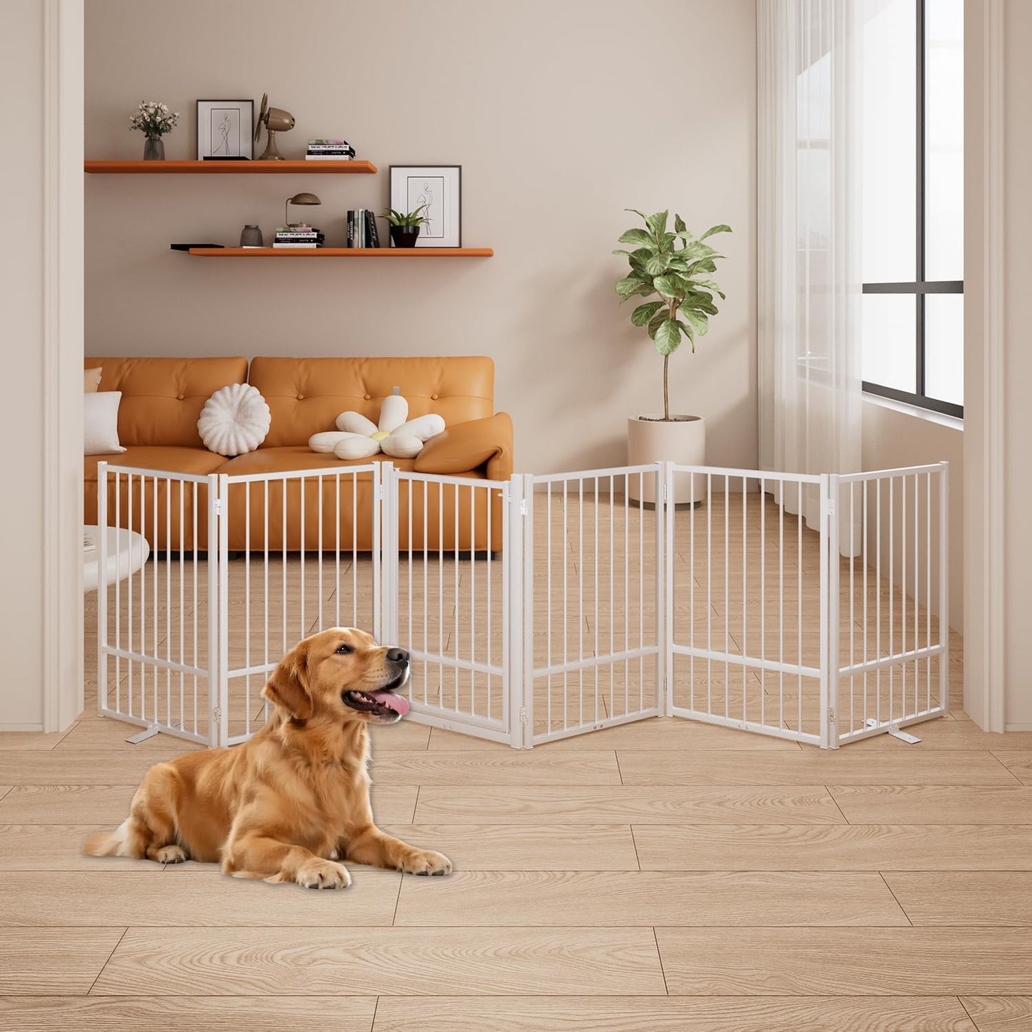 4 Panels Full Metal Freestanding Dog Gates with Door, 80” W x 32” H Folding Pet Gate Fence with Support Feet for Indoor,Stairs, Hallways and Doorways(Black)