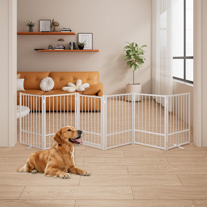 4 Panels Full Metal Freestanding Dog Gates with Door, 80” W x 32” H Folding Pet Gate Fence with Support Feet for Indoor,Stairs, Hallways and Doorways(Black)