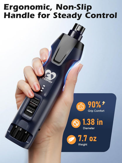 Casfuy 6-Speed Dog Nail Grinder – 50%+ Boost Power Dog Nail Trimmers Quiet with Dust Cap & 2 LED Lights & 2000mAh Battery & 4.8V Motor Electric Pet Toenail File Tool for Large Medium Small Dogs Cats