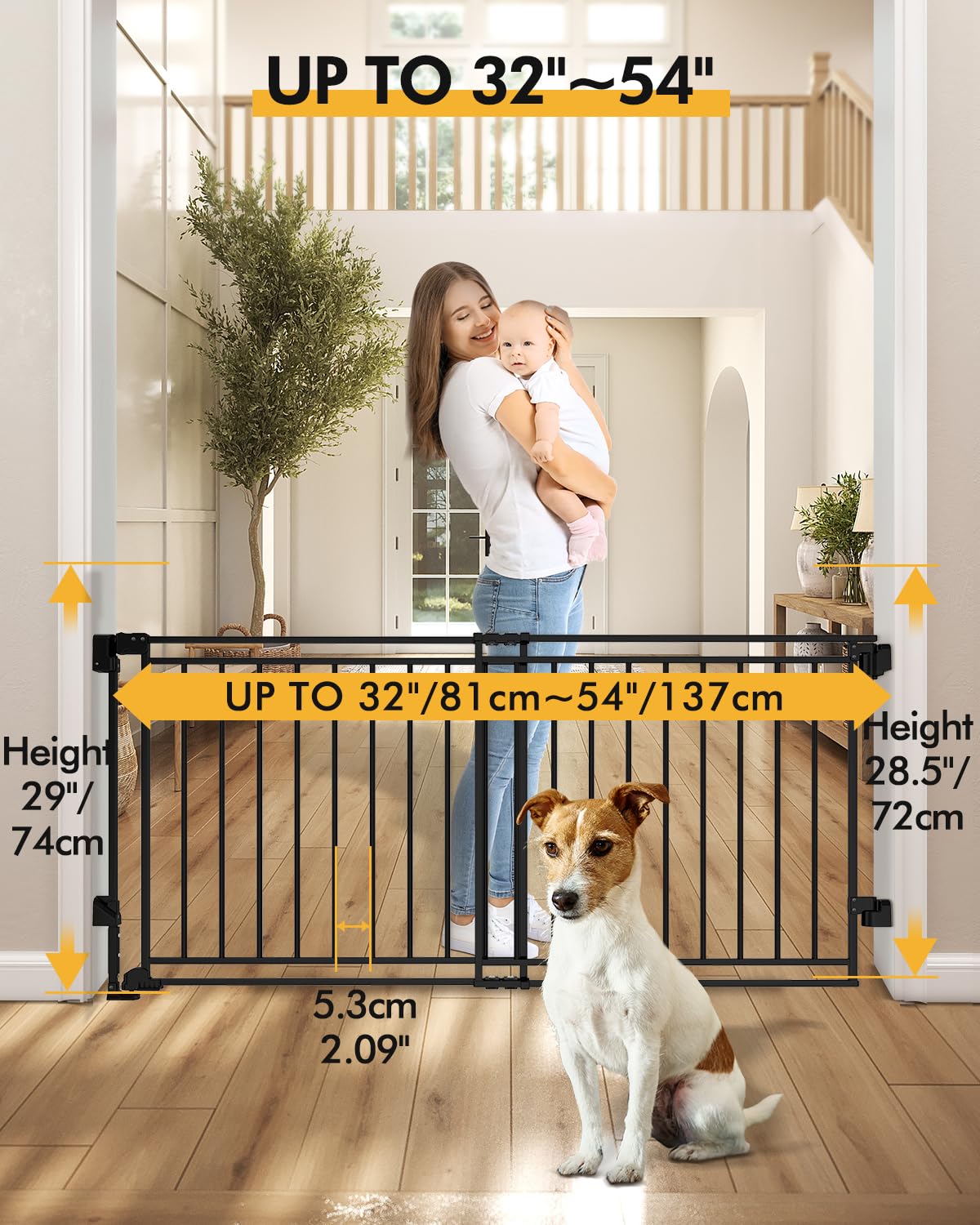Extra Wide Baby Gate for Doorways 29" Tall Safety Gate for Kids&Pets,Pressure Mounted with Auto Close,Walk-Thru Metal Gate,Adjustable Width 26.4"-43",Indoor Pet Gate for Stairs & Hallways Black