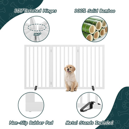 Freestanding Dog Gates Indoor, 3-Panel Pet Gates with 2 Metal Stands and 360° Hinge, 24" H Foldable Dog Gate for Stairs, Doorway, Kitchen, Expands Up to 55" Fully Assembled - Black Walnut