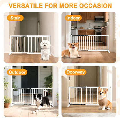 White Metal Dog Gate for Small Dogs - 13.3" Short Freestanding Puppy Gate with Retractable Sliding Rail, No Installation, Indoor/Outdoor Use, Foldable & Portable Pet Barrier