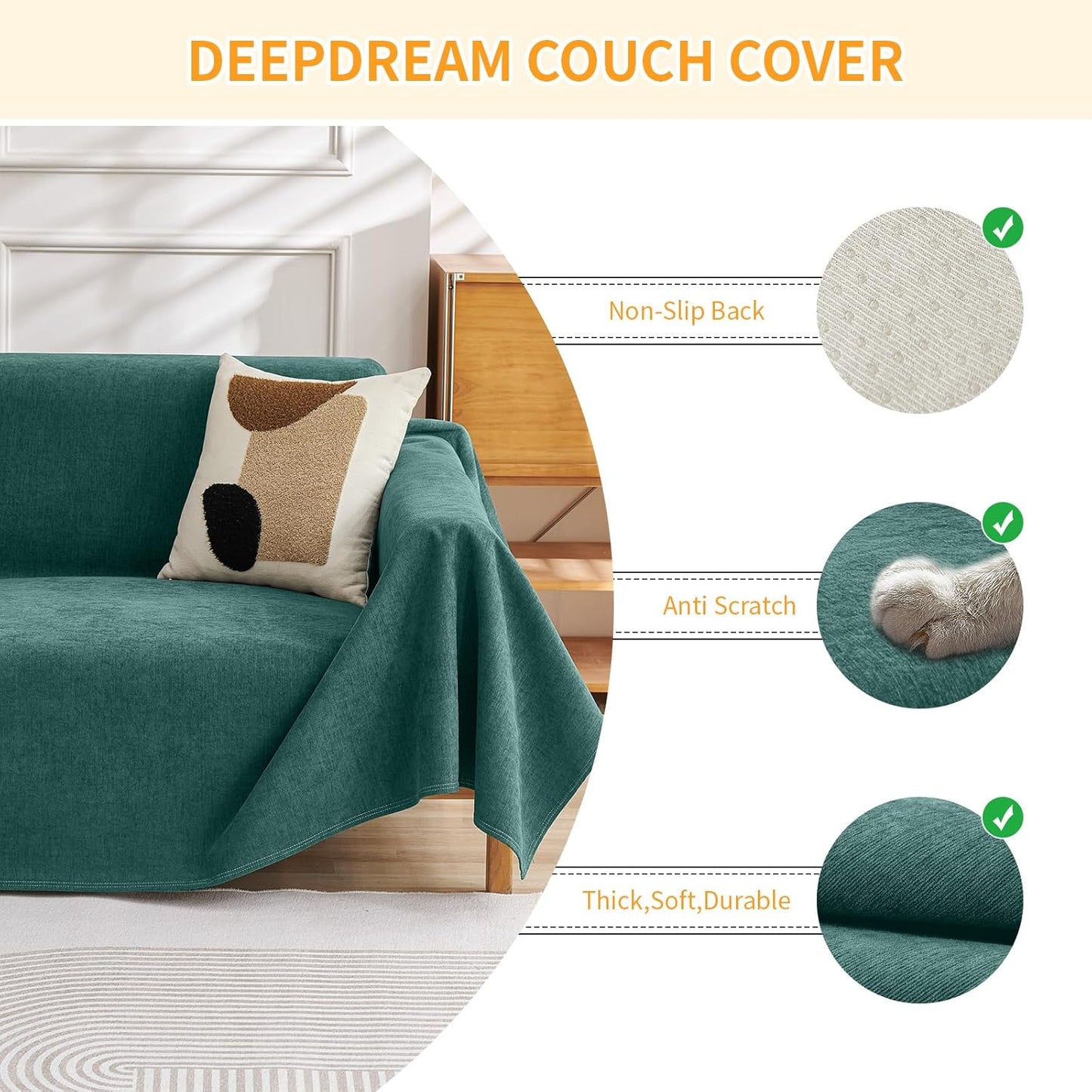 Deep Dream Cat-Scratch Resistant Couch Cover, Waterproof Sofa Cover for 3 Cushion Couch Washable, Pet Friendly Couch Protectors Anti Slip Thickened Love Seat Slipcovers for Pets, 71" x 118", Dark Grey