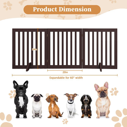 PUPETPO 24”H Freestanding Wooden Pet Gate, Dog Gate for Stairs, Doorways, and Hallways, Step Over Foldable Pet Fence for Indoor Use, Support Feet Included, 60 inch Wide 3 Panels, Grey