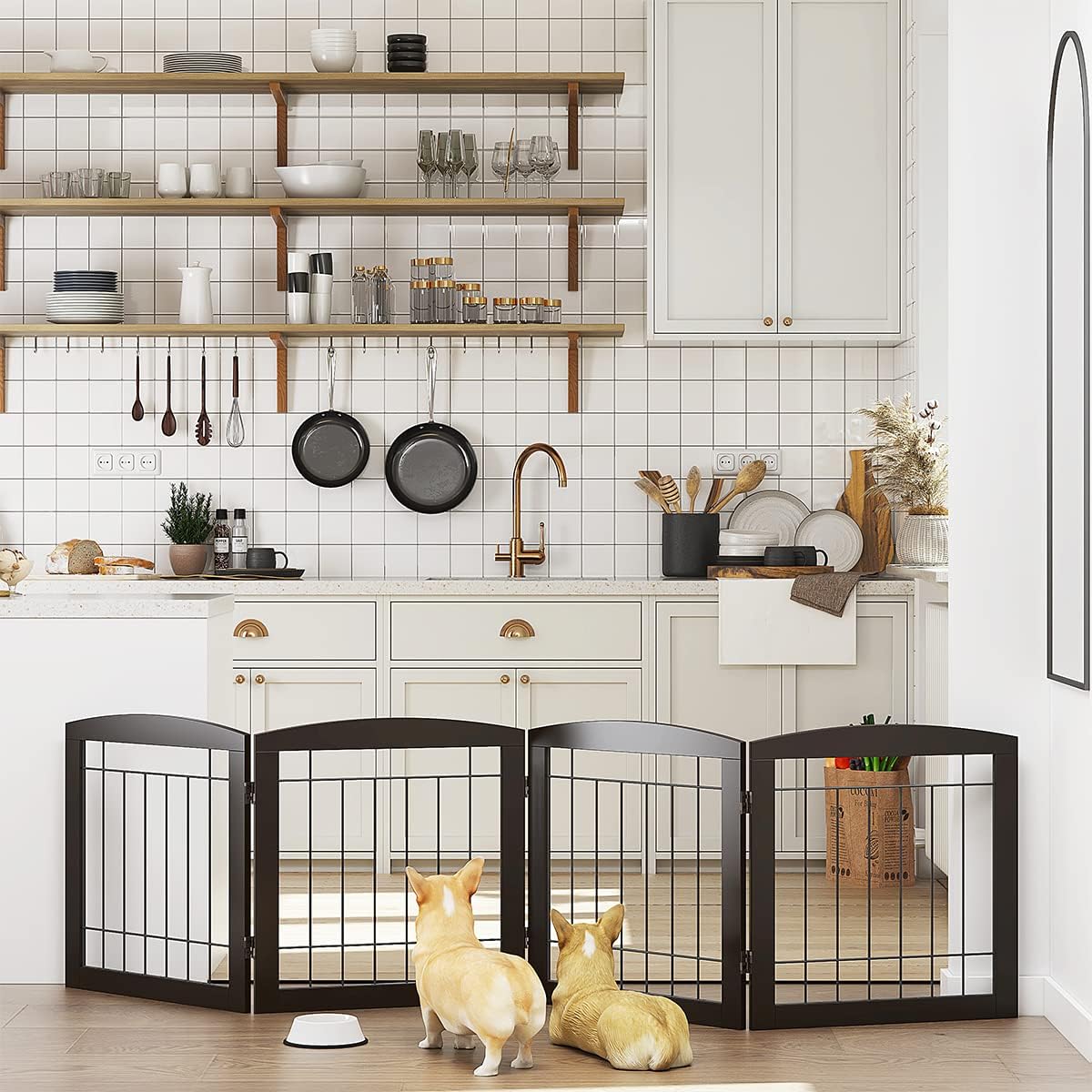 PAWLAND Free Standing Dog Gates for The House Stairs Doorways Indoor Foldable Wooden Small White Puppy Pet Gate Step Over Fence 60" W 24" H 3 Panels