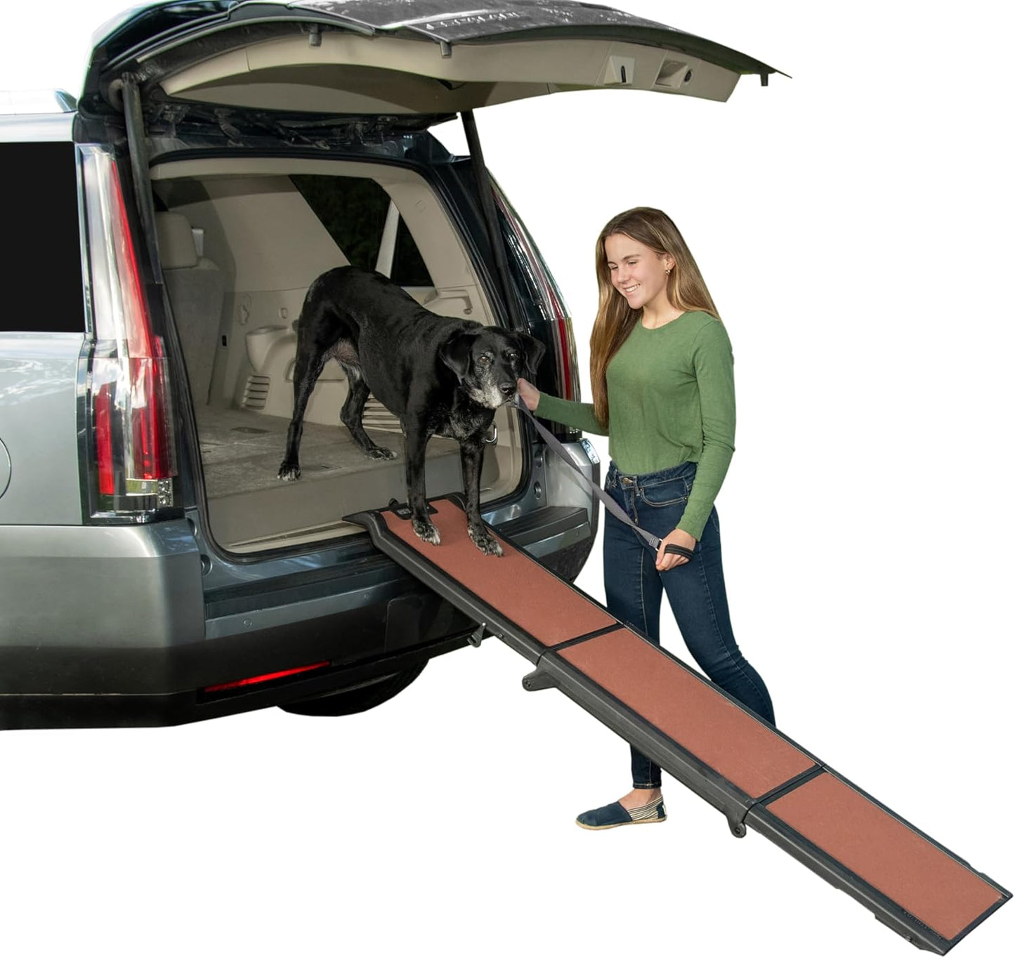 Pet Gear Travel Lite Ramps for Dogs and Cats, Compact Easy-Fold, Lightweight and Portable, Built-in Carry Handle, Supports 200lbs, Size 71" x 16", Yellow- Reflective