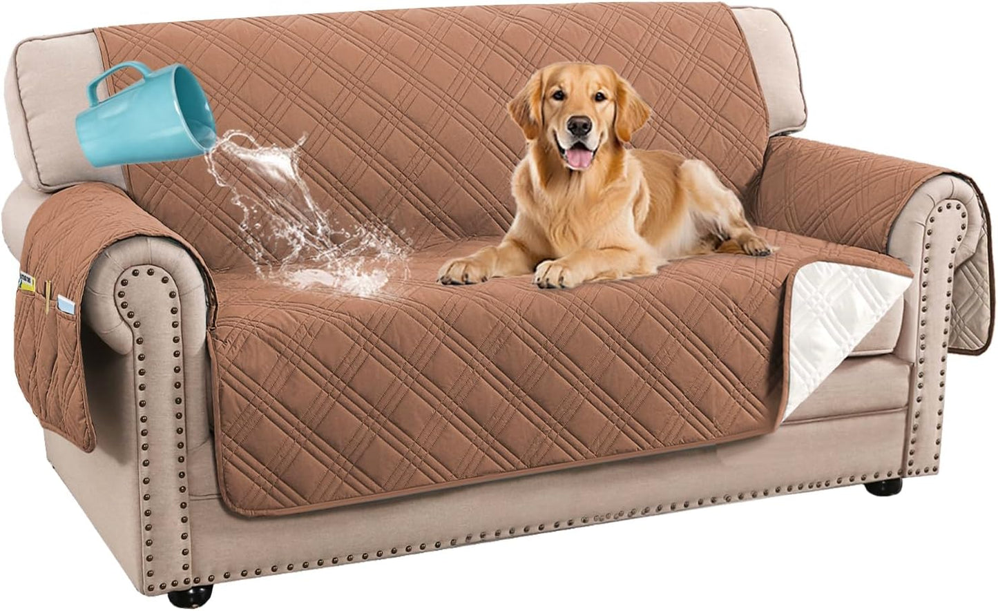 H.VERSAILTEX 100% Waterproof Slipcovers for Couches and Sofas Modern Pet Couch Cover Thick Soft Furniture Protector with Elastic Straps(Sofa, Lily Pad/Beige)