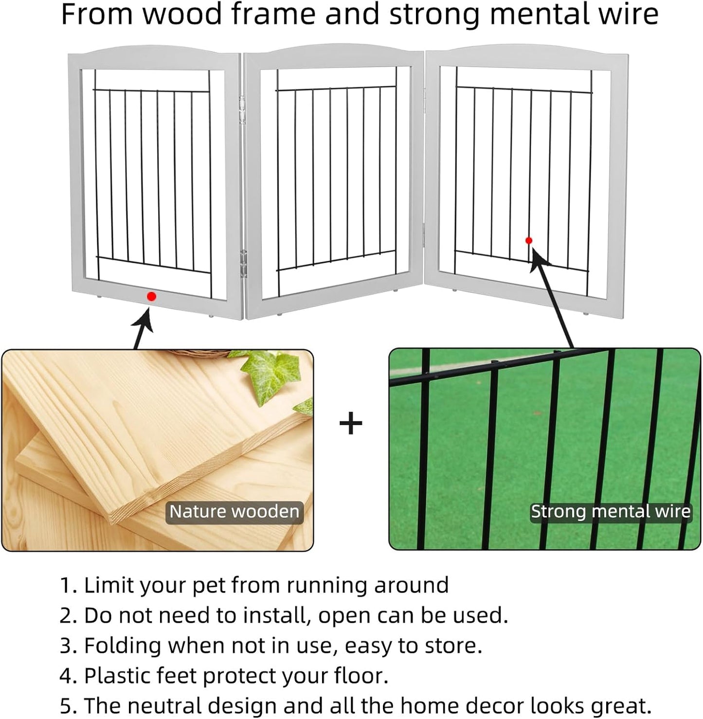 ZJSF Freestanding Foldable Dog Gate for House Extra Wide Wooden White Indoor Puppy Gate Stairs Doorways Pet Gate Tall Dog Fence 3 Panels Fence