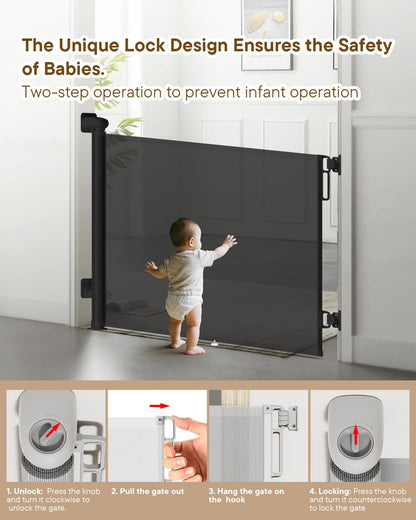 Retractable Baby Gate - 55" Wide Mesh Pet Gate with Anti-Crawling Hook, Safety Lock, One-Hand Operation, 34" Tall Baby Gate for Stairs, Doorways, Hallways, Garage, Indoor Outdoor, Black
